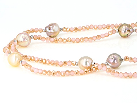 Genusis™ Cultured Freshwater Pearl & Pink Crystal Rhodium Over Silver 32 Inch Necklace