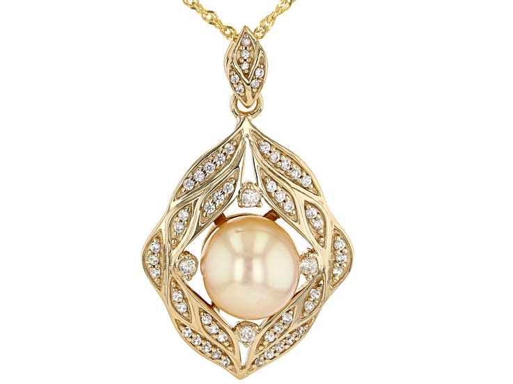 Golden Cultured South Sea Pearl & White Zircon 18k Yellow Gold Over Sterling Silver Pendant