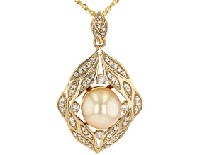 Golden Cultured South Sea Pearl & White Zircon 18k Yellow Gold Over Sterling Silver Pendant