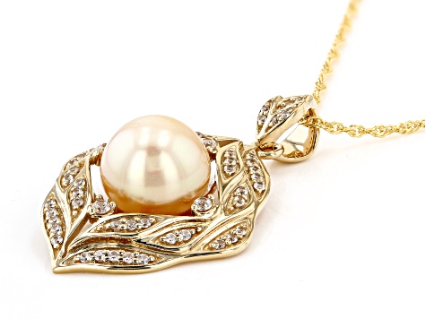 Golden Cultured South Sea Pearl & White Zircon 18k Yellow Gold Over Sterling Silver Pendant