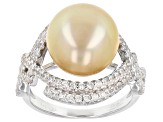 Golden Cultured South Sea Pearl & White Zircon Rhodium Over Sterling Silver Ring