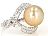 Golden Cultured South Sea Pearl & White Zircon Rhodium Over Sterling Silver Ring