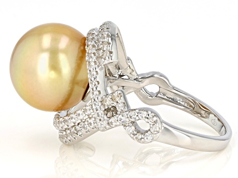 Golden Cultured South Sea Pearl & White Zircon Rhodium Over Sterling Silver Ring