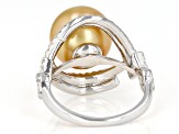 Golden Cultured South Sea Pearl & White Zircon Rhodium Over Sterling Silver Ring