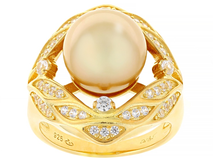 Golden Cultured South Sea Pearl With Zircon 18k Yellow Gold Over Sterling Silver Ring