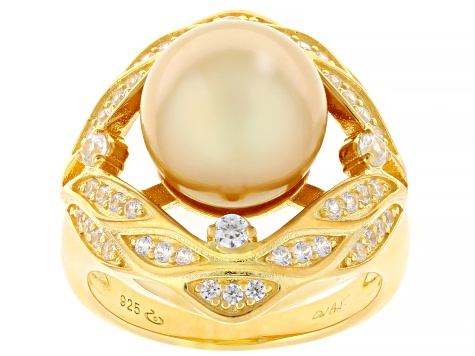 Golden Cultured South Sea Pearl With Zircon 18k Yellow Gold Over Sterling Silver Ring