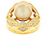Golden Cultured South Sea Pearl With Zircon 18k Yellow Gold Over Sterling Silver Ring