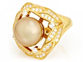 Golden Cultured South Sea Pearl With Zircon 18k Yellow Gold Over Sterling Silver Ring
