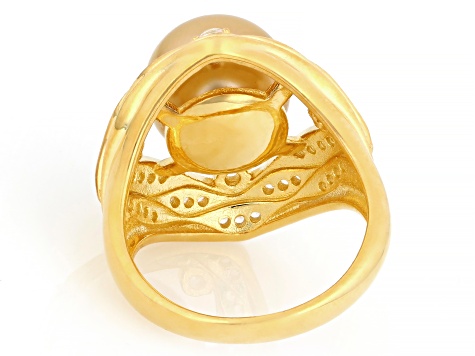 Golden Cultured South Sea Pearl With Zircon 18k Yellow Gold Over Sterling Silver Ring