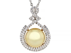 Golden Cultured South Sea Pearl With Zircon Rhodium Over Sterling Silver Pendant With Chain