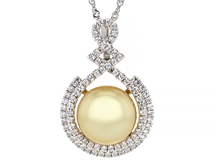 Golden Cultured South Sea Pearl With Zircon Rhodium Over Sterling Silver Pendant With Chain