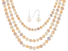 White, Pink Lavender Cultured Freshwater Pearl Silver Necklace Earring Set