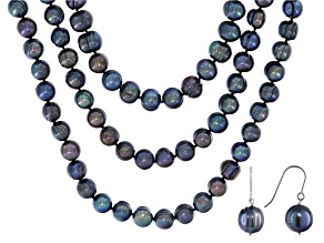 10-12mm Black Cultured Freshwater Pearl Sterling Silver 18, 24, 36 Inch Necklace & Earring Set