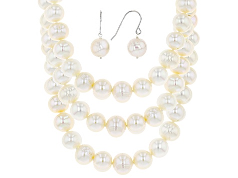 10-12mm White Cultured Freshwater Pearl Sterling Silver 18, 24, 36 inch Necklace & Earring Set