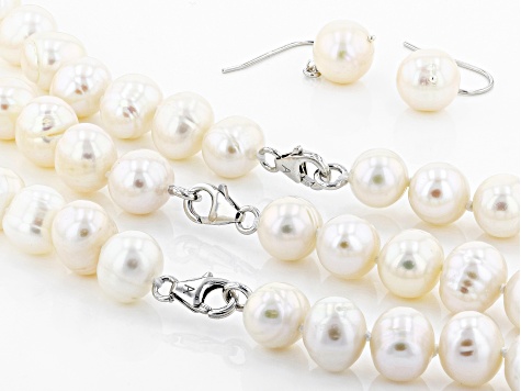 10-12mm White Cultured Freshwater Pearl Sterling Silver 18, 24, 36 inch Necklace & Earring Set