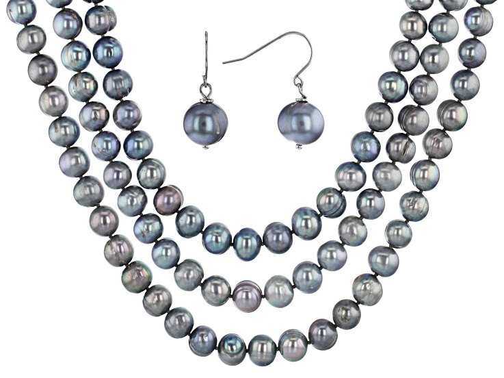 10-12mm Silver Cultured Freshwater Pearl Sterling Silver 18, 24, 36 inch Necklace & Earring Set
