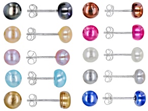 Multi-Color Cultured Freshwater Pearl Sterling Silver Earring Set Of 10