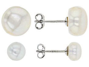 6-10mm White Cultured Freshwater Pearl Rhodium Over Sterling Silver Earring Set of 2