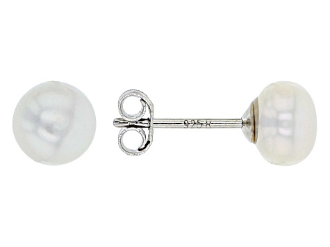 6-10mm White Cultured Freshwater Pearl Rhodium Over Sterling Silver Earring Set of 2