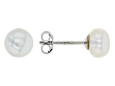 6-10mm White Cultured Freshwater Pearl Rhodium Over Sterling Silver Earring Set of 2