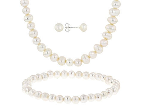 White Cultured Freshwater Pearl Sterling Silver 18 Inch Necklace, Bracelet, & Earring Set