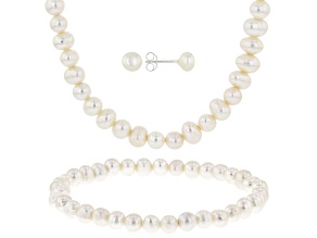 White Cultured Freshwater Pearl Sterling Silver 18 Inch Necklace, Bracelet, & Earring Set