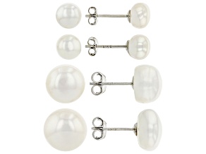 White Cultured Freshwater Pearl Rhodium Over Sterling Stud Earrings Set of 4