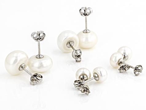 White Cultured Freshwater Pearl Rhodium Over Sterling Stud Earrings Set of 4