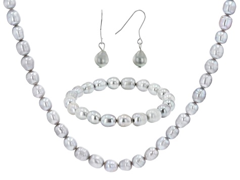 Platinum Cultured Freshwater Pearl Sterling Silver Necklace, Bracelet, & Earring Set
