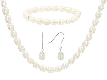 Picture of White Cultured Freshwater Pearl Sterling Silver Necklace, Bracelet, & Earring Set