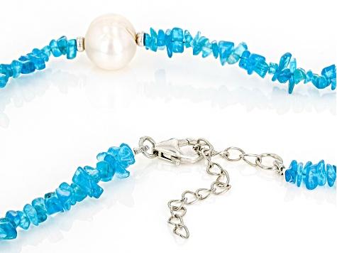 White Cultured Freshwater Pearl And Neon Apatite Rhodium Over Sterling Silver Necklace