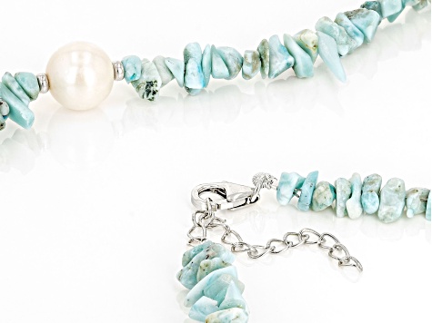 White Cultured Freshwater Pearl And Larimar Rhodium Over Sterling Silver Necklace
