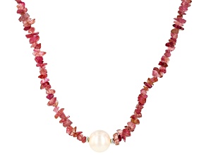 White Cultured Freshwater Pearl with Pink Tourmaline Rhodium Over Sterling Silver Necklace