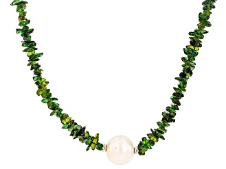 White Cultured Freshwater Pearl And Chrome Diopside Rhodium Over Sterling Silver Necklace