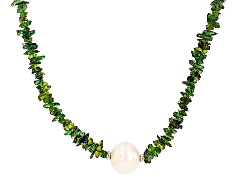 White Cultured Freshwater Pearl And Chrome Diopside Rhodium Over Sterling Silver Necklace