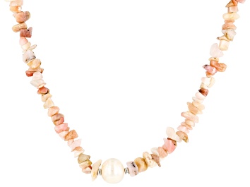 White Cultured Freshwater Pearl with Pink Tourmaline Rhodium Over