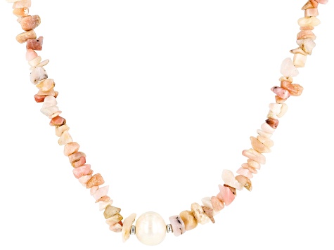 White Cultured Freshwater Pearl with Pink Opal Rhodium Over Sterling Silver Necklace