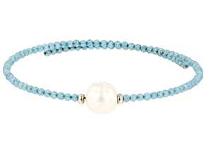 White Cultured Freshwater Pearl with Aquamarine Stainless Steel Bracelet