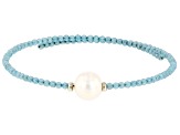 White Cultured Freshwater Pearl with Aquamarine Stainless Steel Bracelet