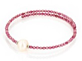 White Cultured Freshwater Pearl with Pink Tourmaline Stainless Steel Bracelet
