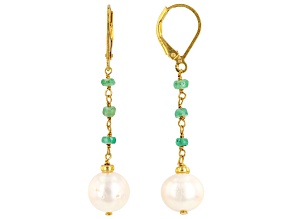 White Cultured Freshwater Pearl Zambian Emerald 18k Yellow Gold Over Silver Earrings