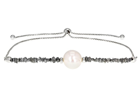 White Cultured Freshwater Pearl Platinum Color Diamonds Rhodium Over Sterling Bracelet
