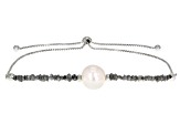 White Cultured Freshwater Pearl Platinum Color Diamonds Rhodium Over Sterling Bracelet
