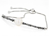 White Cultured Freshwater Pearl Platinum Color Diamonds Rhodium Over Sterling Bracelet