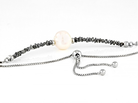 White Cultured Freshwater Pearl Platinum Color Diamonds Rhodium Over Sterling Bracelet