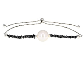 White Cultured Freshwater Pearl Black Diamonds Rhodium Over Sterling Silver Bracelet