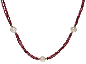 White Cultured Freshwater Pearl and 35ctw Garnet Rhodium Over Sterling Silver Necklace