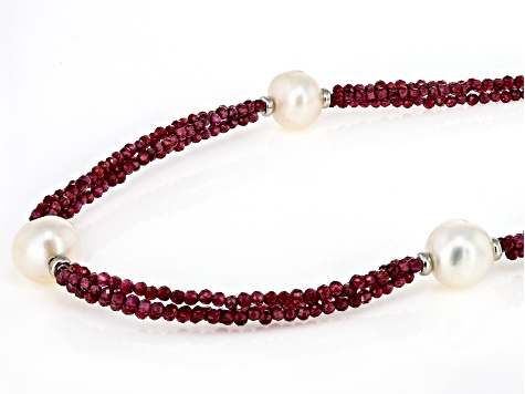 White Cultured Freshwater Pearl and 35ctw Garnet Rhodium Over Sterling Silver Necklace