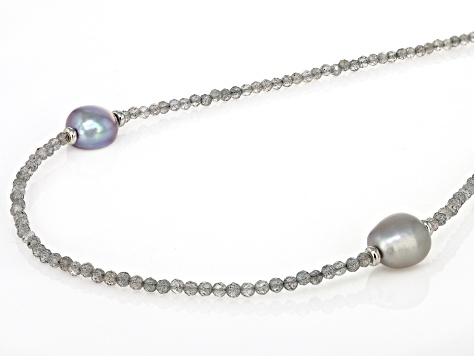 Platinum Cultured Freshwater Pearl & 30ctw Labrodorite Rhodium Over Sterling Silver Necklace