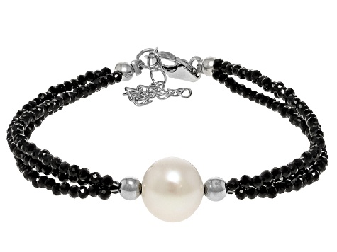 White Cultured Freshwater Pearl and Black Spinel Rhodium Over Sterling Silver Bracelet